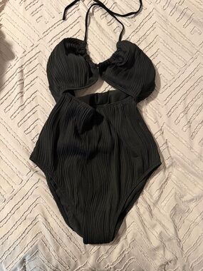 Black Ribbed Cutout One-Piece Swimsuit
